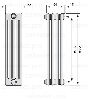 Схема (чертеж) Радиатор Zehnder Charleston 5200/4 №7610 Белый глянцевый RAL 9016